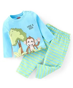 Babyhug Cotton Knit Full Sleeves Nightwear Monkey Print - Green