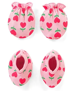 Babyhug 100% Cotton Knit Floral Printed Mittens & Booties Set - Pink