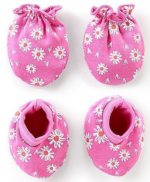 Babyhug 100% Cotton Mittens & Booties Floral Print - Pink