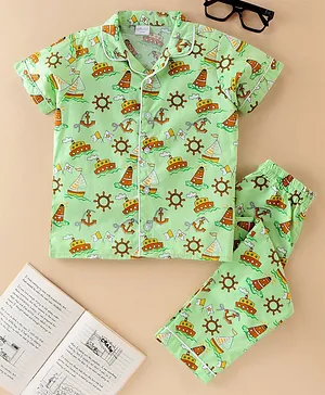 Knotty Kids Half Sleeves Ship Printed Shirt & Pant Combo Nightwear Set - Green