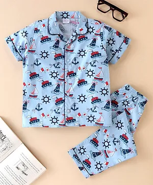 Knotty Kids Half Sleeves Pirates Ship Printed Shirt & Pant Combo Nightwear Set - Blue