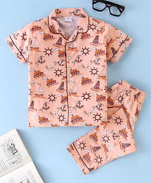 Knotty Kids Half Sleeves Pirates Ship Printed Shirt & Pant Combo Nightwear Set - Brown
