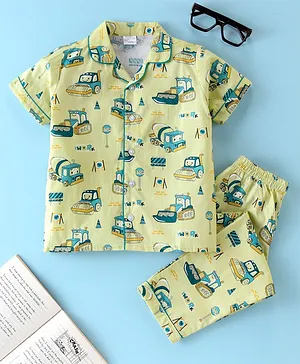 Knotty Kids Half Sleeves Road Roller Printed Shirt & Pant Combo Nightwear Set -  Green