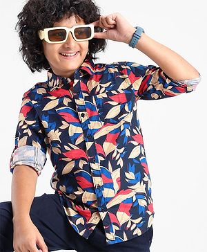 Pine Kids Cotton Roll Up Full Sleeves Leaves Printed Shirt- Navy Blue