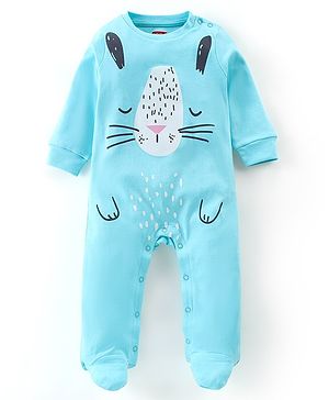 Babyhug Cotton Single Jersey Knit Full Sleeves Sleepsuit With Kitty Print - Blue