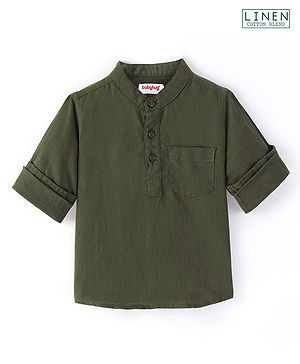 Babyhug Linen Full Sleeves Mandarin Collar Kurta Solid Shirt - Olive Green