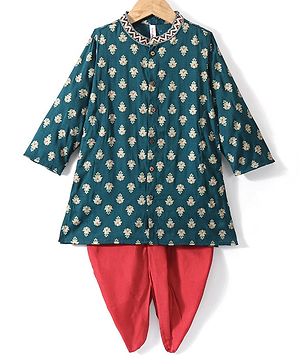 Babyhug Rayon Full Sleeves Kurta & Dhoti Set Foil Printed - Green