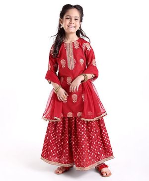 Babyhug Three Fourth Sleeves Foil Printed Long Kurta with Skirt and Dupatta - Red