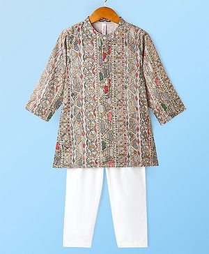 Babyhug 100% Cotton Woven Full Sleeves Kurta & Pyjama Set Ikat Print - Brown & White