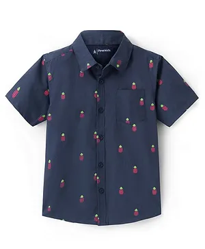 Pine Kids Cotton Poplin Half Sleeves Shirt Pineapple Print- Navy Blue