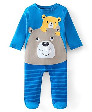 Babyhug Cotton Knit Full Sleeves Bear Printed Footed Sleepsuit - Blue