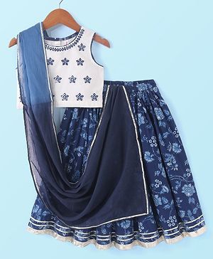 Babyhug 100% Cotton Sleeveless Choli With Lehenga And Dupatta Set Sequenced Embroidered & Floral Print - Navy Blue