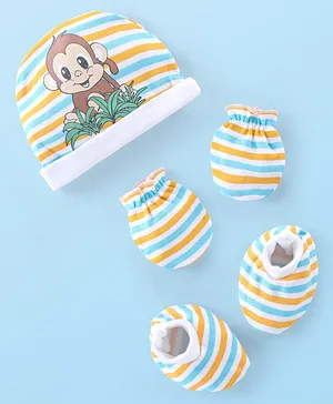 Babyhug 100% Cotton Knit Monkey Print Cap Mittens & Booties - Multicolour