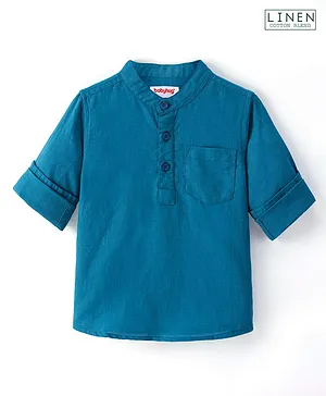Babyhug Linen Full Sleeves Mandarin Collar Kurta Solid Shirt - Teal Blue