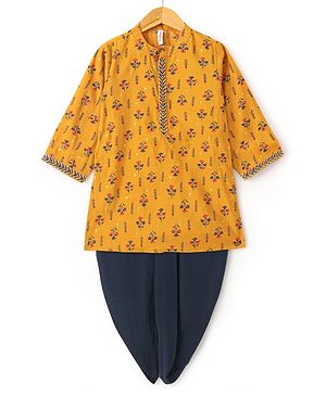 Babyhug 100% Cotton Woven Full Sleeves Floral Printed Kurta Dhoti Set - Mustard