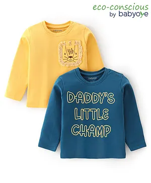 Babyoye 100% Cotton Interlock Knit Full Sleeves T-Shirt With Lion Applique & Text Print Pack Of 2 - Yellow & Green