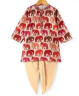 Babyhug 100% Cotton Woven Full Sleeves Elephant Printed  Kurta Dhoti  Set - Beige