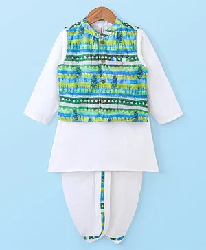 Babyhug Cotton Dobby Full Sleeves Kurta with Dhoti & Printed Jacket - White