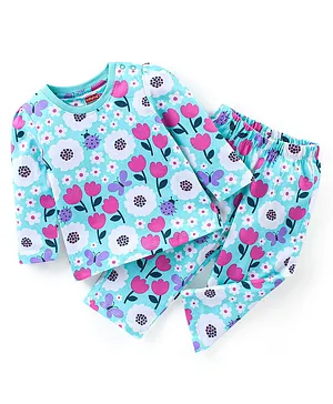 Babyhug Cotton Knit Single Jersey Full Sleeves Night Suit With Floral Print - Blue