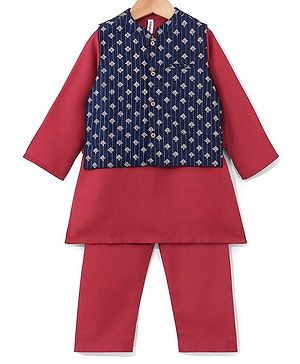 Babyhug Cotton Woven Full Sleeves Kurta & Pajama Set with Jacket Argyle Print - Maroon & Blue