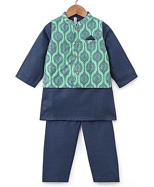Babyhug 100% Cotton Woven Full Sleeves Solid Colour  Kurta Pyjama Set with Printed Jacket - Blue