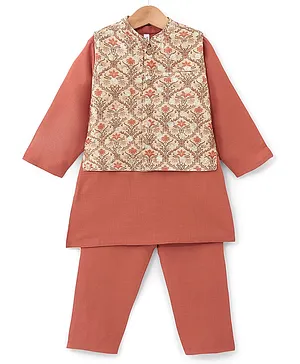 Babyhug Cotton Woven Full Sleeves Kurta & Pajama Set with Jacket Floral Print - Coral & Beige
