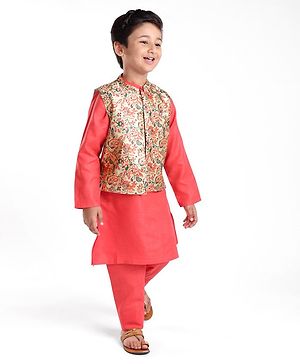 Babyhug 100% Cotton Knit Full Sleeves Kurta Pyjama Set with Printed Jacket - Peach