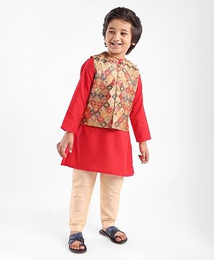 Babyhug 100% Cotton Woven Full Sleeves Kurta Pyjama Set with Printed Jacket - Red