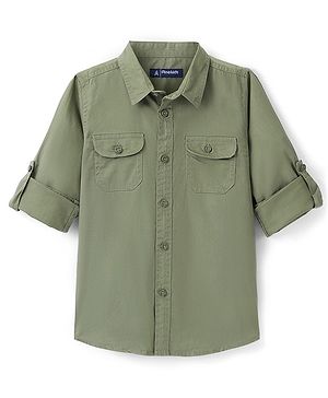Pine Kids Cotton Twill Roll Up Full Sleeves Shirt Solid- Green