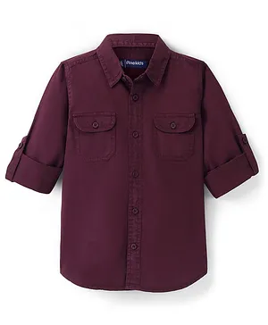 Pine Kids 100% Cotton Twill Roll Up Full Sleeves Shirts Solid Colour - Maroon