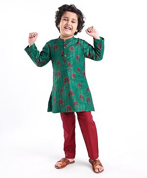 Babyhug Cotton Woven Full Sleeves Lurex Kurta & Pajama Set Floral Print - Green & Maroon