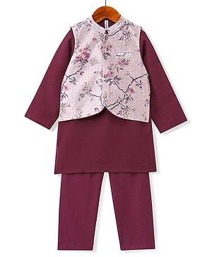 Babyhug 100% Cotton Woven Full Sleeves Solid Colour  Kurta Pyjama Set with Floral Printed Jacket - Magenta