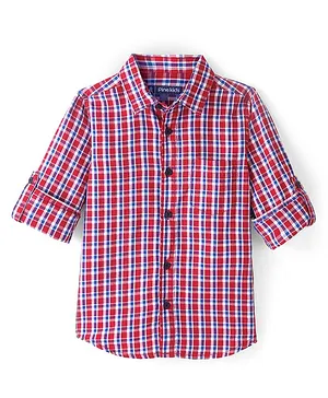 Pine Kids Cotton Full Sleeve Turn Up Single Pocket Checkered Shirt - Red
