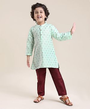 Babyhug Woven Full Sleeves Foil Floral Print Ethnic Kurta & Pajama Set - Light Green & Maroon