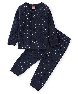 Babyhug Cotton Front Open Full Sleeve Vest and Legging Thermal Wear Star Printed Combo Set - Navy Blue
