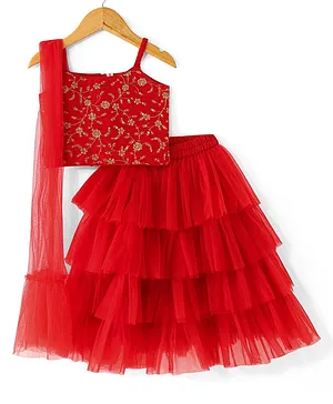 Babyhug Sleeveless Floral Embroidered Choli with Net Layered Lehenga and Dupatta Set - Red