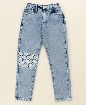 Pine Kids Cotton Elastane Full Length Denim Jeans with Lace Detailing- Light Blue