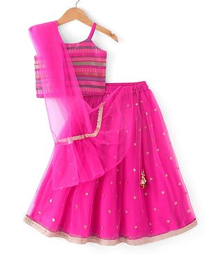 Babyhug Woven Sleeveless Zari Design Choli with Lehenga & Dupatta Golden Foil Embroidery- Fuchsia