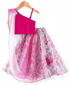 Babyhug Sleeveless Pleated Choli with Floral Printed Lehenga and Dupatta Set - Off White & Pink