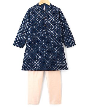 Babyhug Woven Full Sleeves Embroidered Kurta with Solid Pyjama Set - Navy Blue