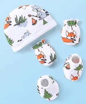 Babyhug 100% Cotton Knit Cap Mittens & Booties Set Koala Print - White