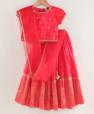 Babyhug Half Sleeves Banarsi Brocade Choli with Lehenga and Dupatta Set - Fuschia
