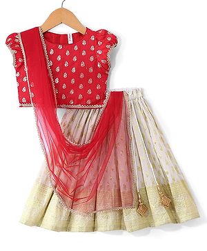 Bbayhug Woven Half Sleeves Brocade Choli & Lehenga Set with Lace Border Dupatta - Red & Off White