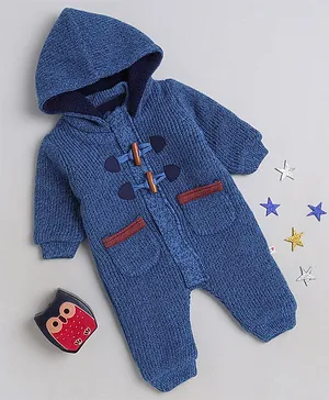 Yellow Apple Acrylic Full Sleeves Winter Wear Hooded Romper Solid Colour - Blue