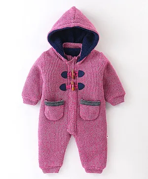 Yellow Apple Acrylic Full Sleeves Winter Wear Hooded Romper Solid Colour - Pink