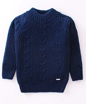 Yellow Apple Full Sleeves Woollen Blend Pullovers with Cable Knit Design - Blue