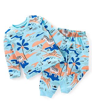 Babyhug Cotton Knit Full Sleeves Night Suit Zebra Print - Blue