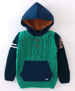 Yellow Apple Acrylic DC Full Sleeves Hooded Pullovers with Cable Knit Design - Green