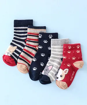 Mustang Cotton Blend Ankle Length Socks Teddy Design Pack of 5 - Red & Grey