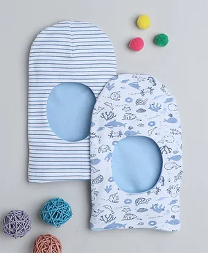 BUMZEE Cotton Reversible Monkey Cap Striped & Fish Printed Pack Of 2 -  Blue